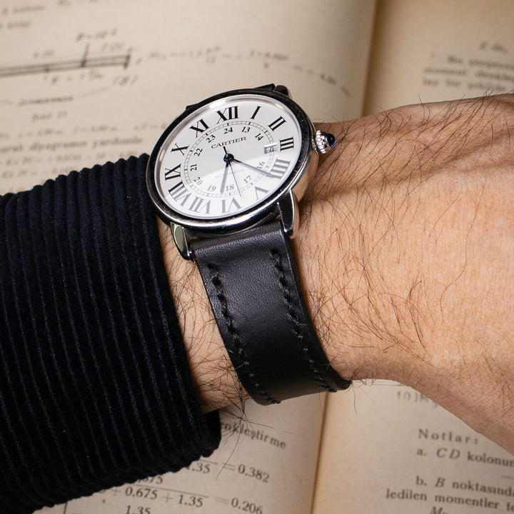 Çift Katlı Deri Saat Kayışı - Siyah - Leather Strap