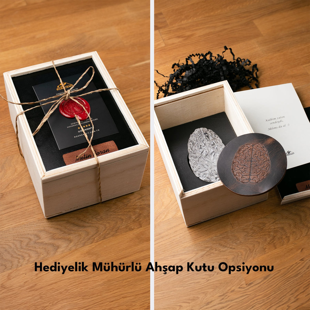 Hediyelik Cam Obje - Beyin Modeli, hediye kutusu veya ambalajıyla görünümü