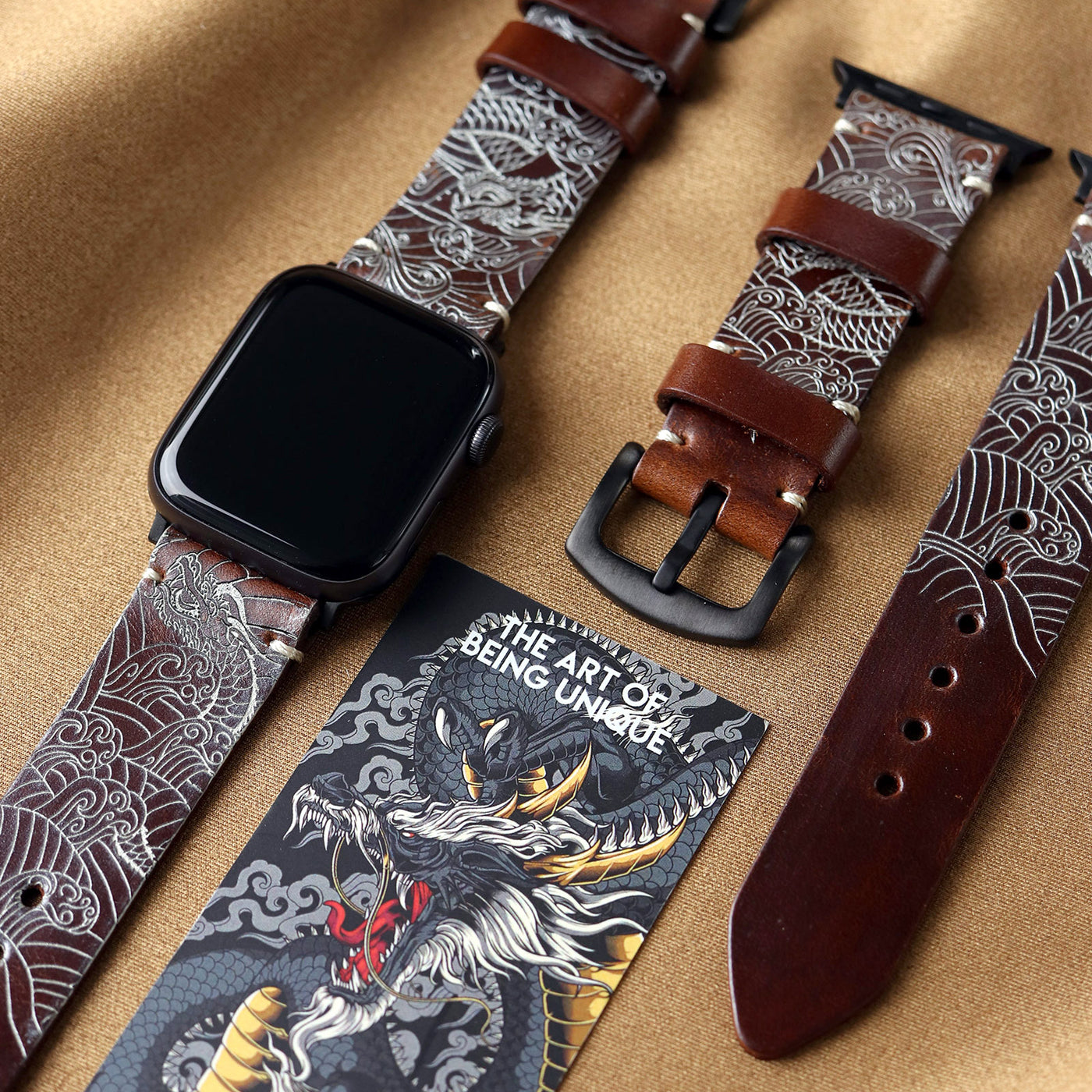 Dragon - Tek Kat Deri Apple Watch Kordon - Antik Kahve - Leather Strap
