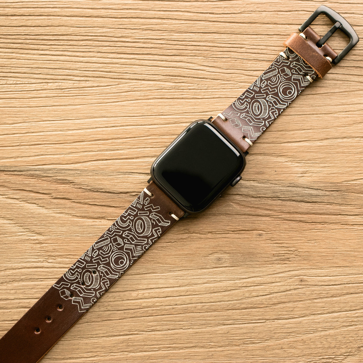 Shapes - Tek Kat Deri Apple Watch Kordon - Antik Kahve - Leather Strap
