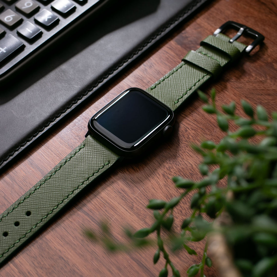 Saffiano Asker Yeşili Deri Apple Watch Kayış