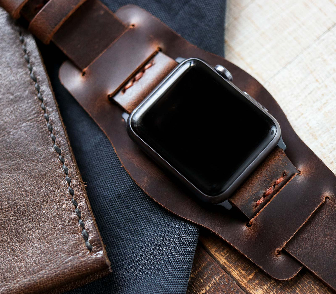 (YENİ) Bund Strap - Apple Watch Deri Saat Kayışı - Antik Kahve
