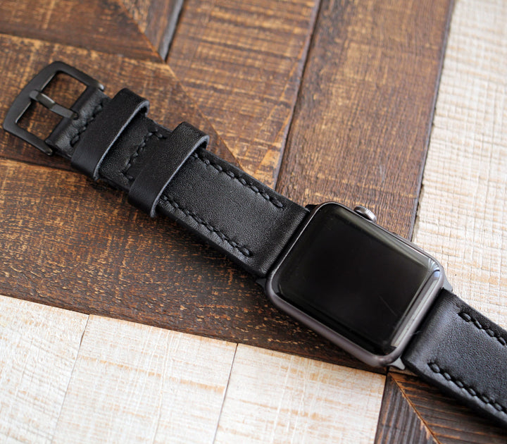 Özel Yapım Apple Watch Deri Saat Kayışı - Siyah