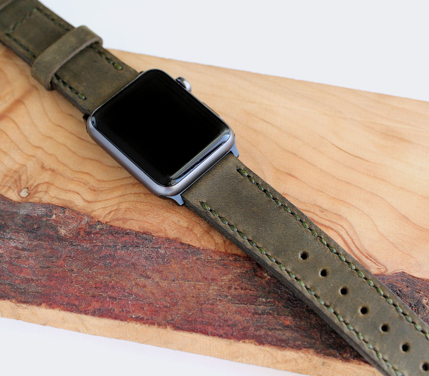 Özel Yapım Apple Watch Deri Saat Kayışı - Antik Yeşil