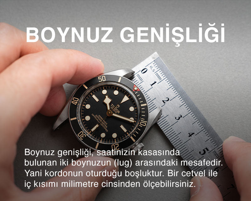 Saatin iki boynuzu arasındaki kayış bağlantı genişliğini cetvelle milimetre cinsinden ölçme rehberi.